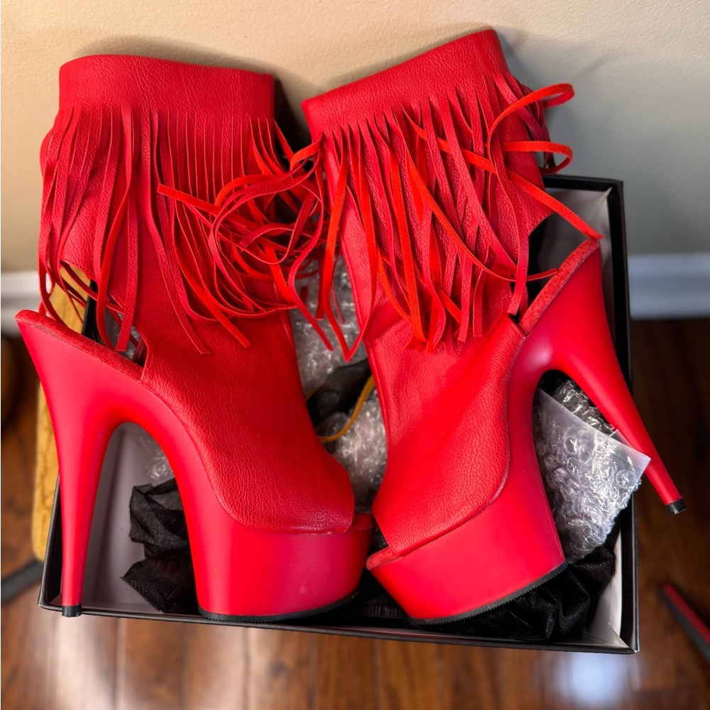 Pleaser Red Fringe Platform Heels